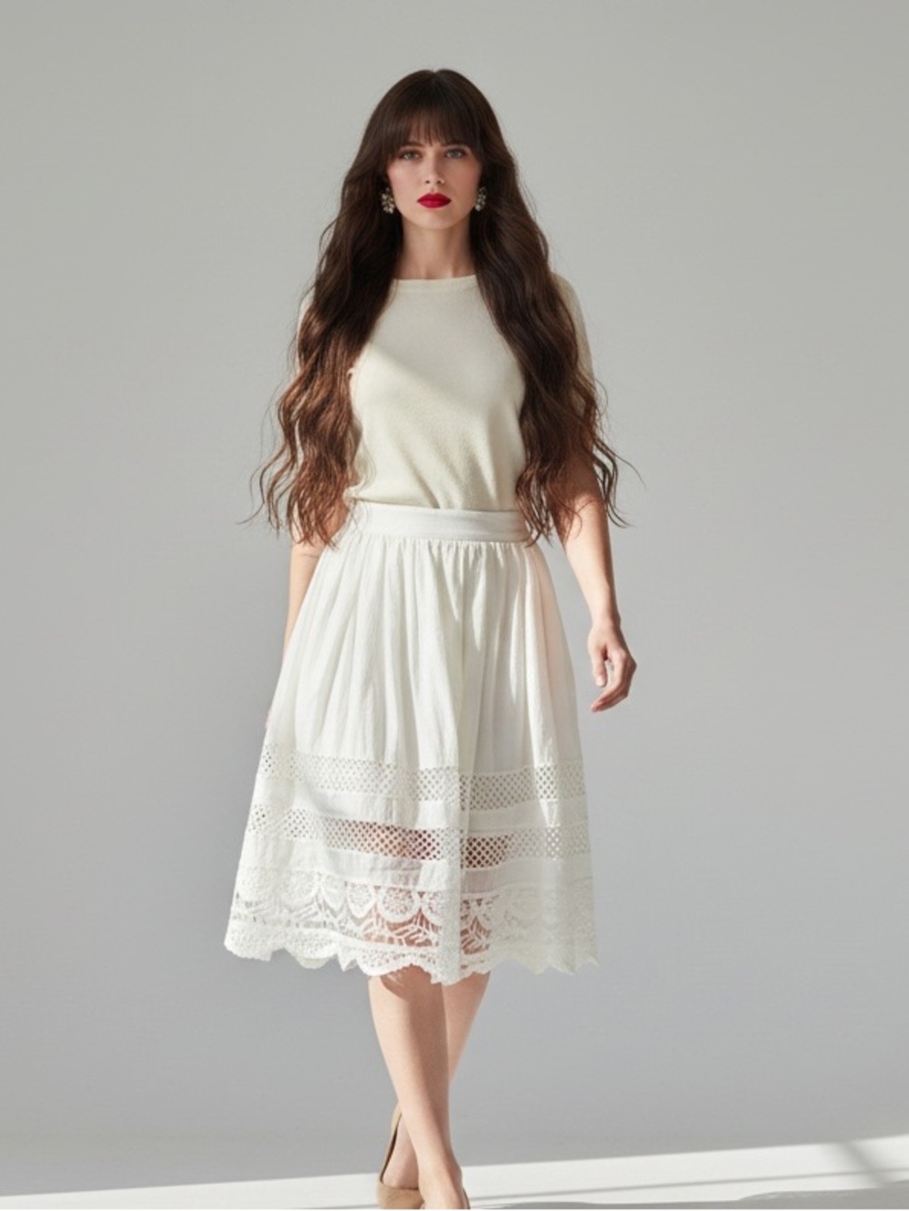 Vintage-Inspired Lace Inset Boho Midi Skirt | Cotton Linen | Size M